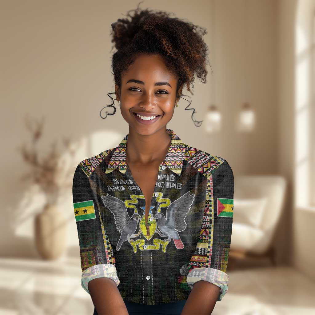 Personalized Sao Tome and Principe Roots Women Casual Shirt African Pride in Fingerprint and Tribal Colors