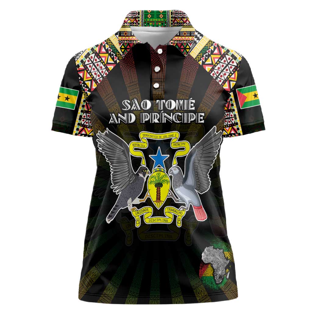 Personalized Sao Tome and Principe Roots Women Polo Shirt African Pride in Fingerprint and Tribal Colors