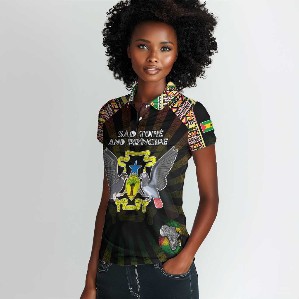 Personalized Sao Tome and Principe Roots Women Polo Shirt African Pride in Fingerprint and Tribal Colors