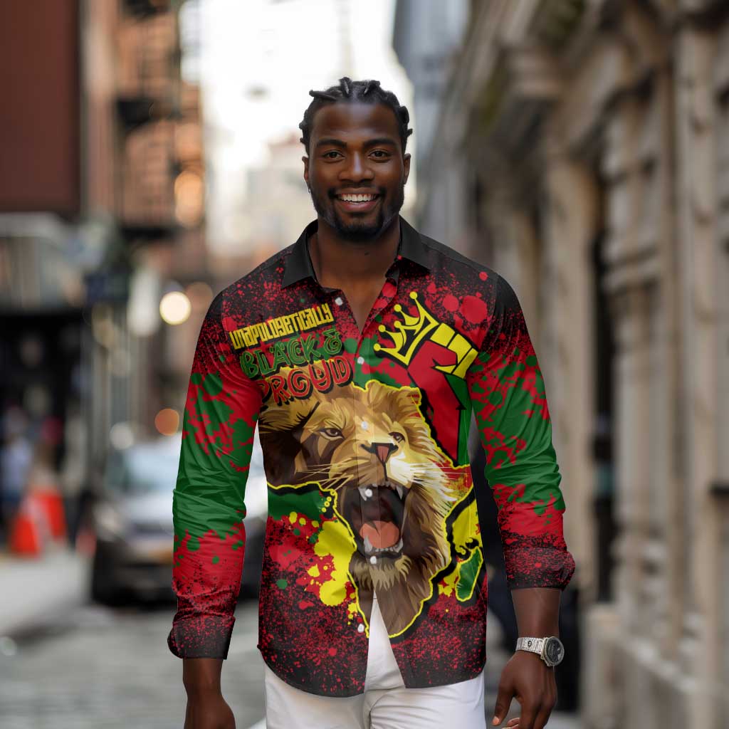 Unapologetically Black and Proud Long Sleeve Button Shirt Africa Map with Lion