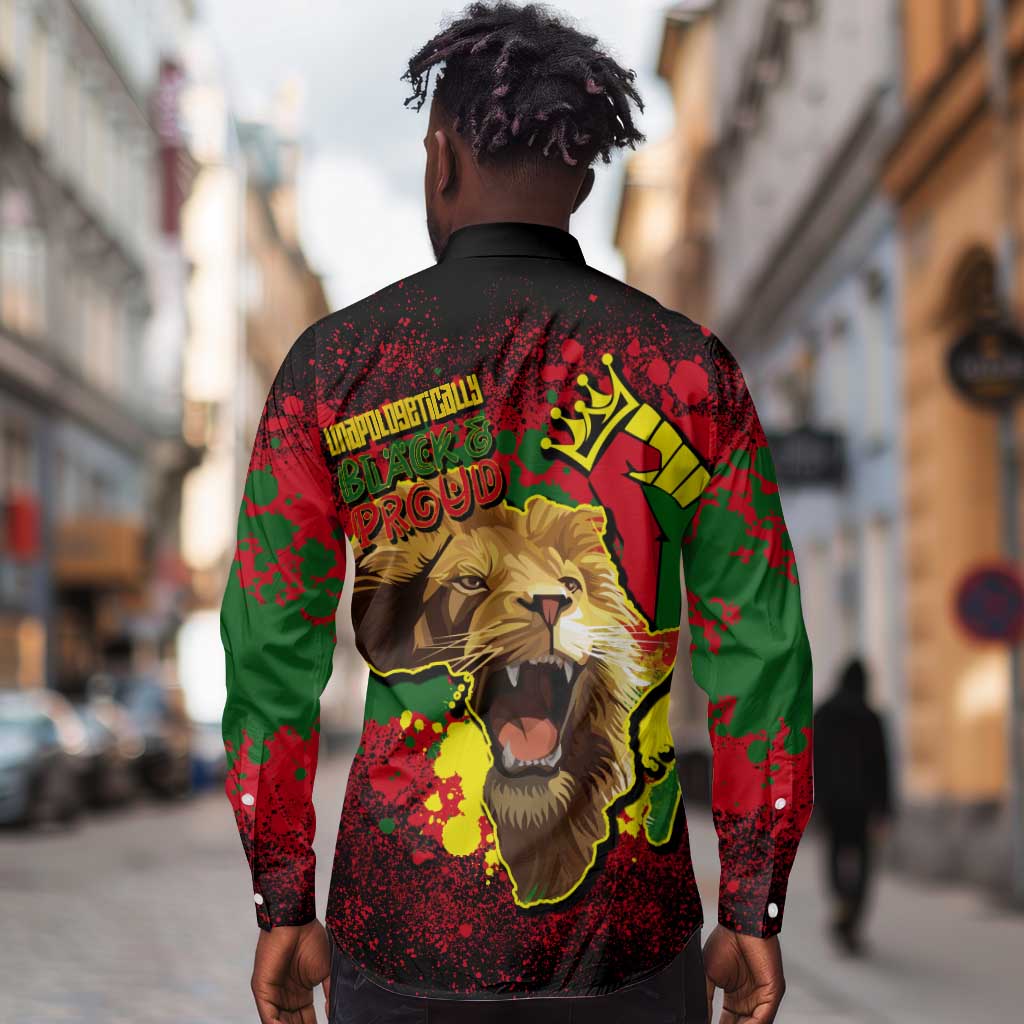 Unapologetically Black and Proud Long Sleeve Button Shirt Africa Map with Lion