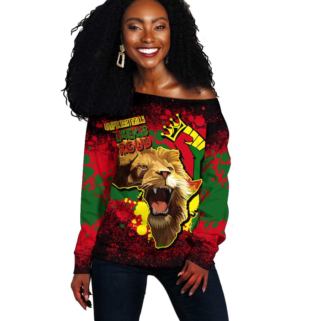 Unapologetically Black and Proud Off Shoulder Sweater Africa Map with Lion