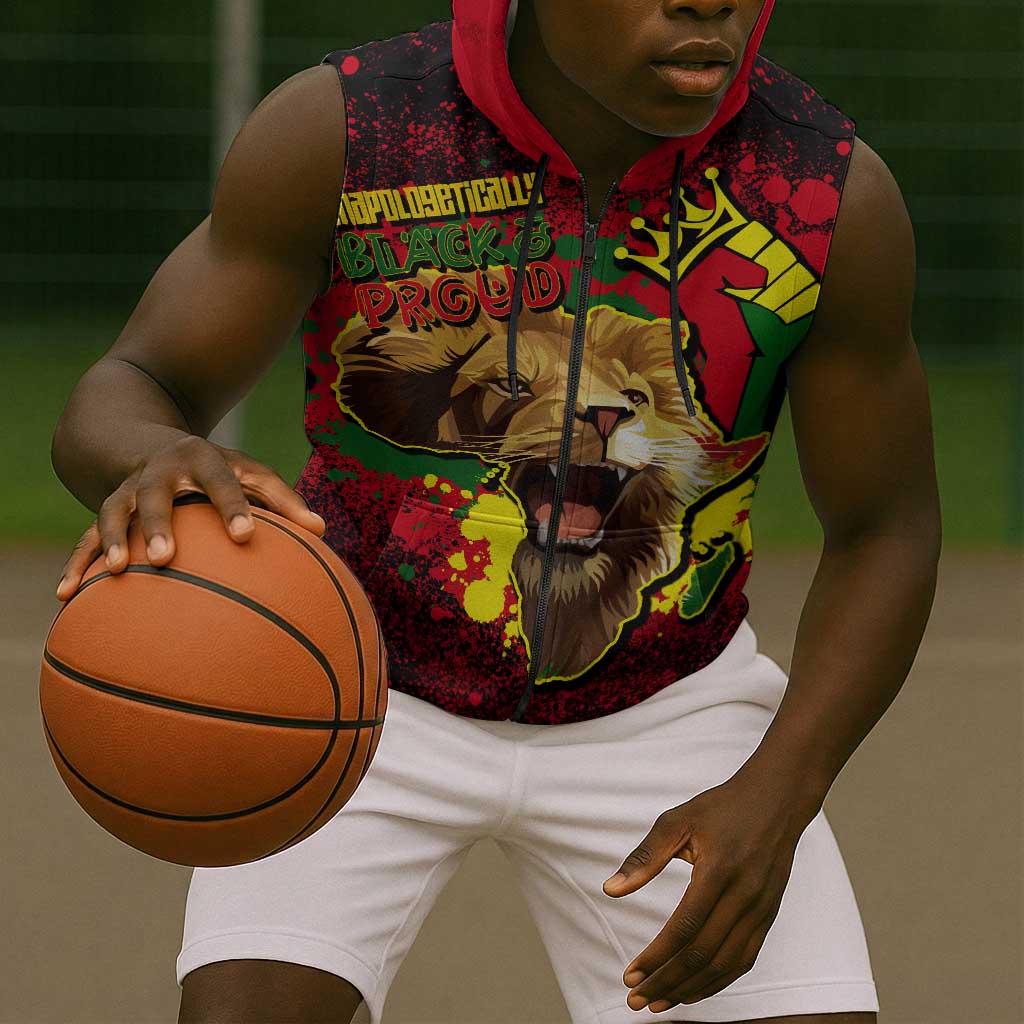 Unapologetically Black and Proud Sleeveless Zip Hoodie Africa Map with Lion - African Pride