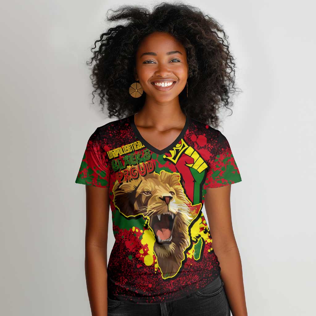 Unapologetically Black and Proud Women V-Neck T-Shirt Africa Map with Lion