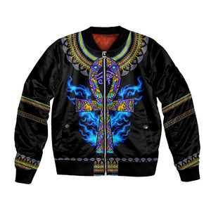 Egyptian Ankh Golden Blue Fire Bomber Jacket