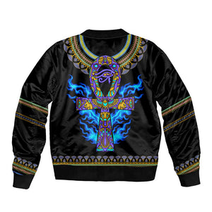 Egyptian Ankh Golden Blue Fire Bomber Jacket