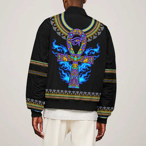 Egyptian Ankh Golden Blue Fire Bomber Jacket