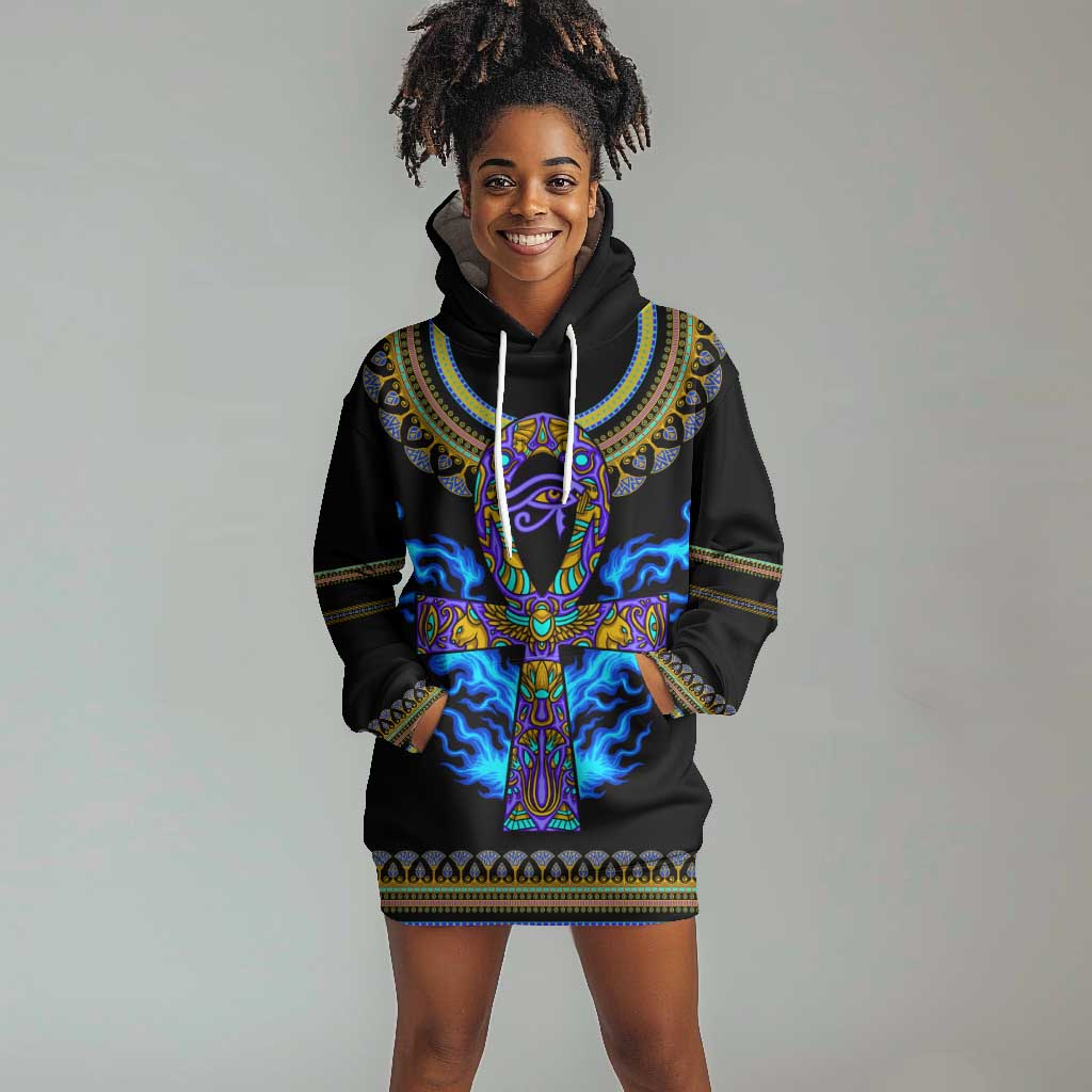 Egyptian Ankh Golden Blue Fire Hoodie Dress