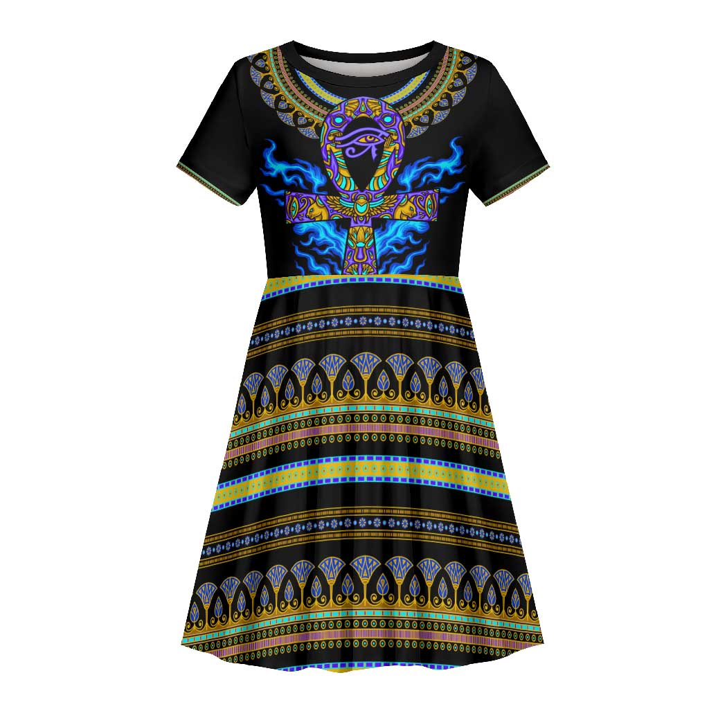 Egyptian Ankh Golden Blue Fire Kid Short Sleeve Dress