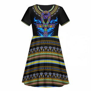 Egyptian Ankh Golden Blue Fire Kid Short Sleeve Dress