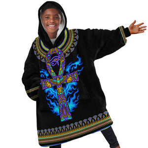 Egyptian Ankh Golden Blue Fire KId Wearable Blanket Hoodie