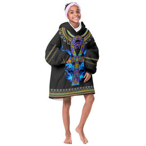 Egyptian Ankh Golden Blue Fire KId Wearable Blanket Hoodie