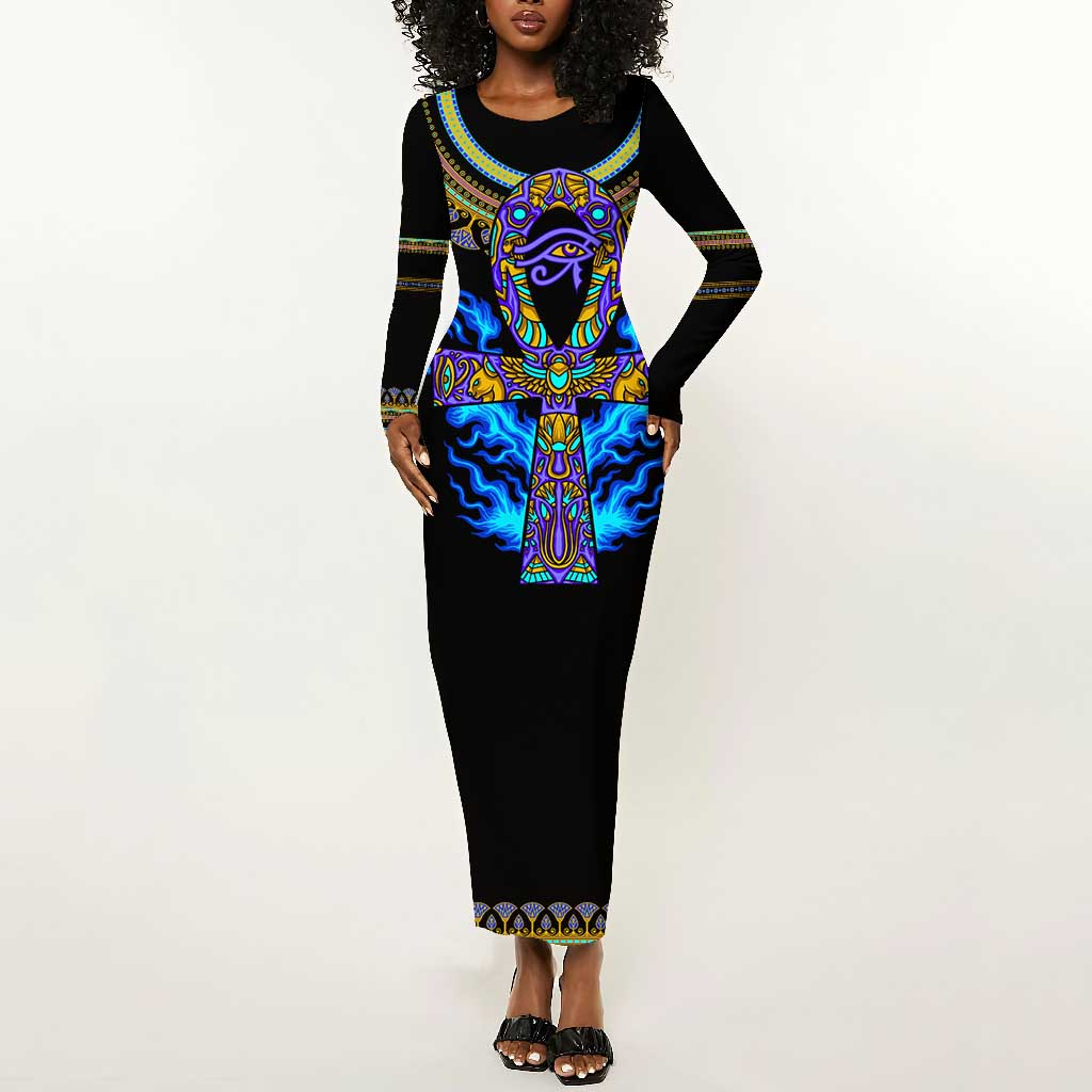 Egyptian Ankh Golden Blue Fire Long Sleeve Bodycon Dress