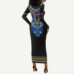 Egyptian Ankh Golden Blue Fire Long Sleeve Bodycon Dress