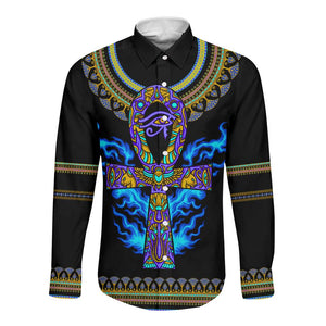 Egyptian Ankh Golden Blue Fire Long Sleeve Button Shirt