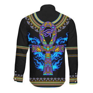 Egyptian Ankh Golden Blue Fire Long Sleeve Button Shirt