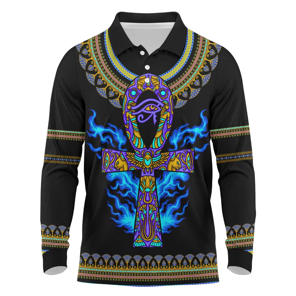 Egyptian Ankh Golden Blue Fire Long Sleeve Polo Shirt