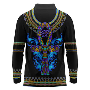 Egyptian Ankh Golden Blue Fire Long Sleeve Polo Shirt