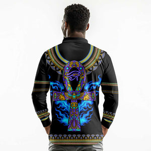 Egyptian Ankh Golden Blue Fire Long Sleeve Polo Shirt