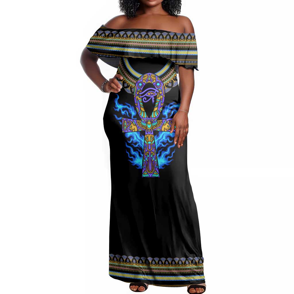 Egyptian Ankh Golden Blue Fire Off Shoulder Maxi Dress