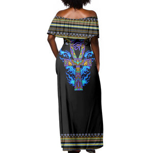 Egyptian Ankh Golden Blue Fire Off Shoulder Maxi Dress