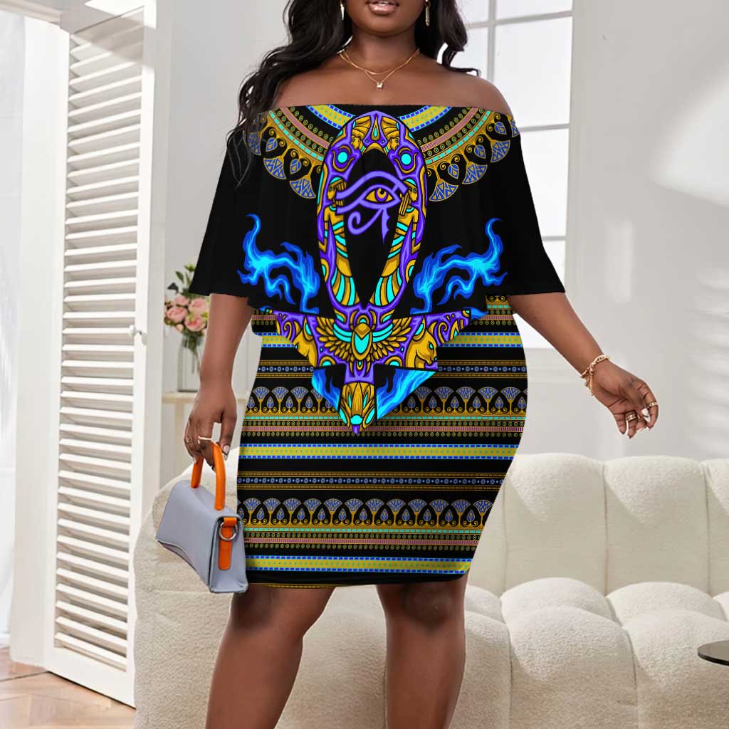 Egyptian Ankh Golden Blue Fire Off Shoulder Short Dress