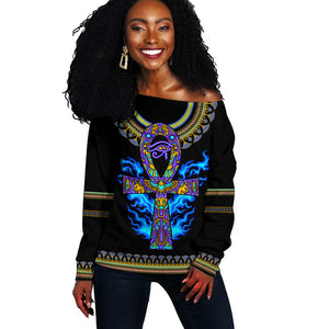 Egyptian Ankh Golden Blue Fire Off Shoulder Sweater