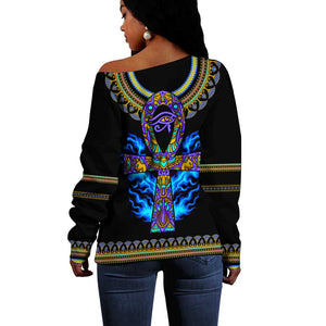 Egyptian Ankh Golden Blue Fire Off Shoulder Sweater