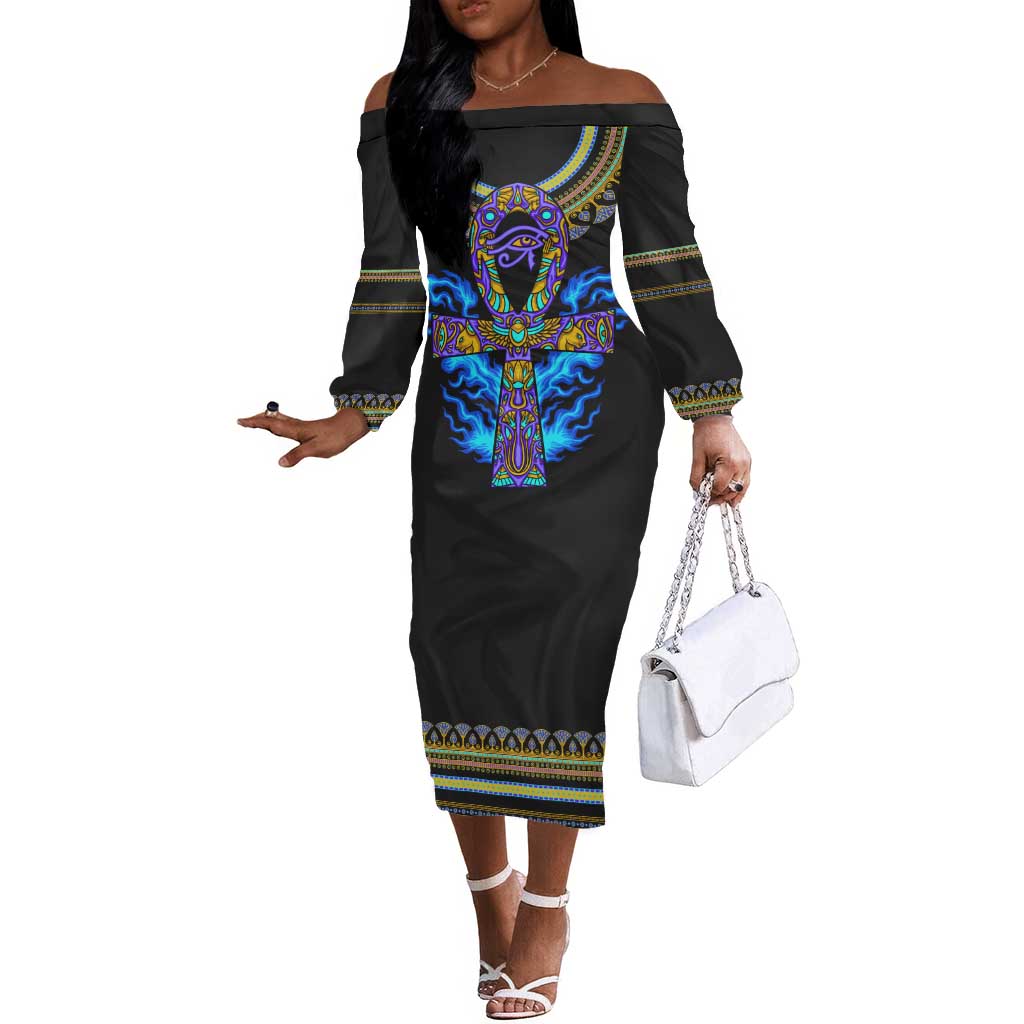 Egyptian Ankh Golden Blue Fire Off The Shoulder Long Sleeve Dress