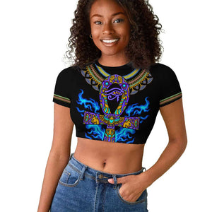 Egyptian Ankh Golden Blue Fire Raglan Cropped T shirt