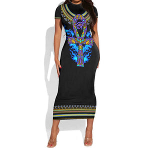 Egyptian Ankh Golden Blue Fire Short Sleeve Bodycon Dress