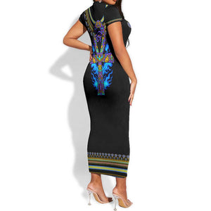 Egyptian Ankh Golden Blue Fire Short Sleeve Bodycon Dress