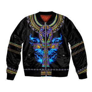 Egyptian Ankh Golden Blue Fire Sleeve Zip Bomber Jacket