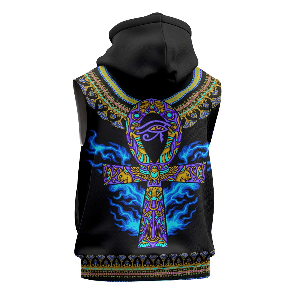 Egyptian Ankh Golden Blue Fire Sleeveless Zip Hoodie - African Pride