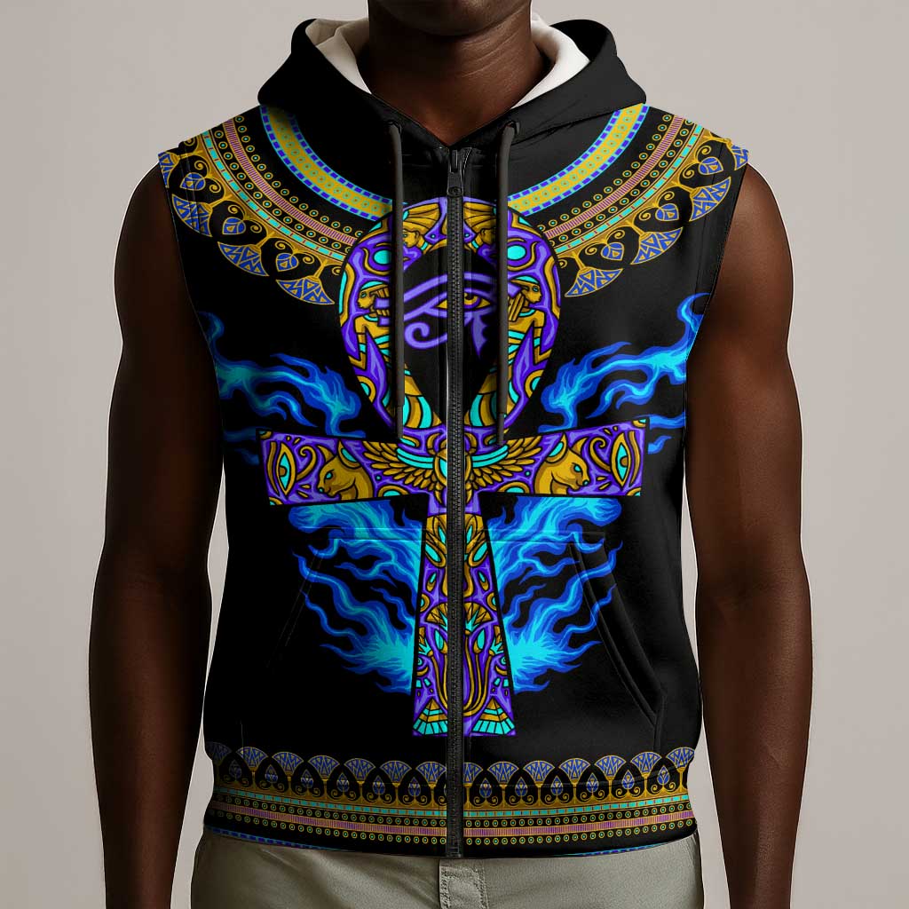 Egyptian Ankh Golden Blue Fire Sleeveless Zip Hoodie - African Pride