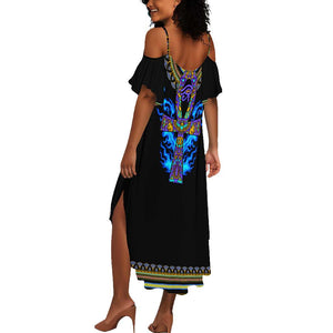 Egyptian Ankh Golden Blue Fire Summer Maxi Dress