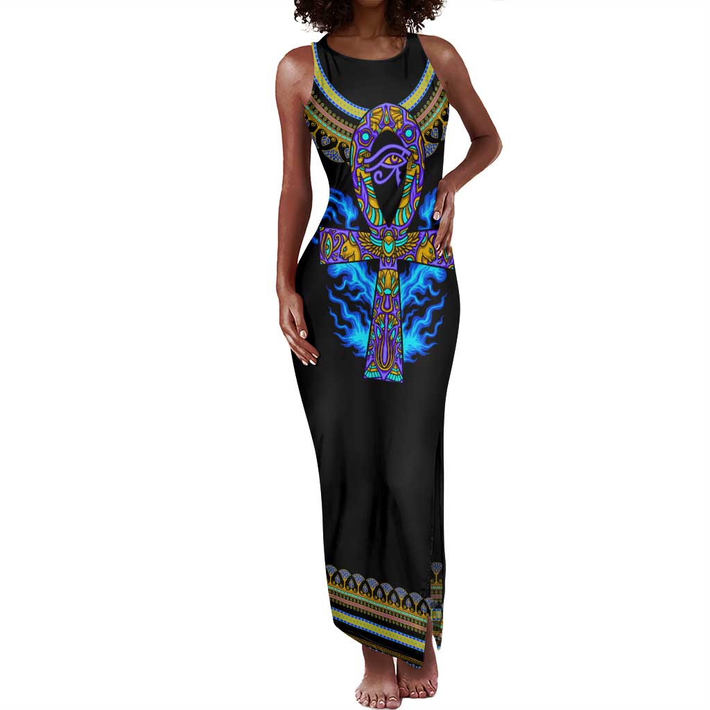 Egyptian Ankh Golden Blue Fire Tank Maxi Dress