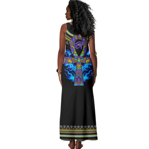 Egyptian Ankh Golden Blue Fire Tank Maxi Dress