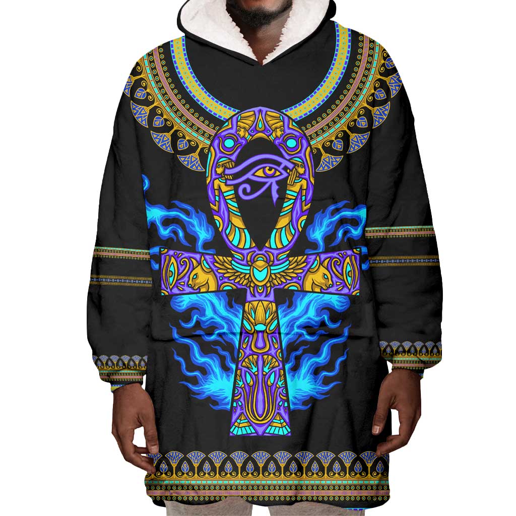 Egyptian Ankh Golden Blue Fire Wearable Blanket Hoodie