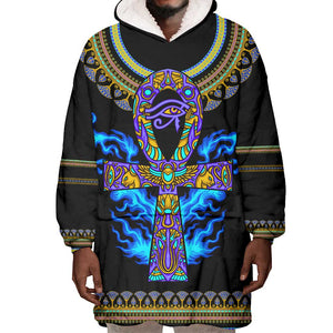 Egyptian Ankh Golden Blue Fire Wearable Blanket Hoodie