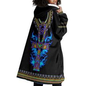 Egyptian Ankh Golden Blue Fire Wearable Blanket Hoodie