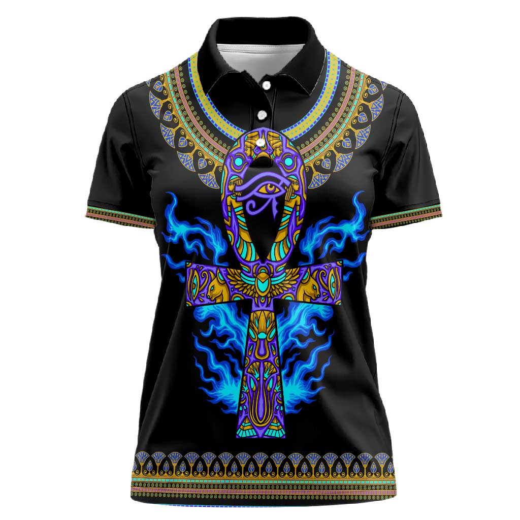 Egyptian Ankh Golden Blue Fire Women Polo Shirt