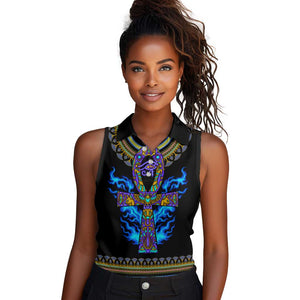 Egyptian Ankh Golden Blue Fire Women Sleeveless Polo Shirt