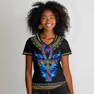 Egyptian Ankh Golden Blue Fire Women V-Neck T-Shirt