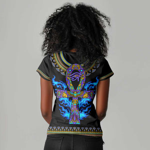 Egyptian Ankh Golden Blue Fire Women V-Neck T-Shirt