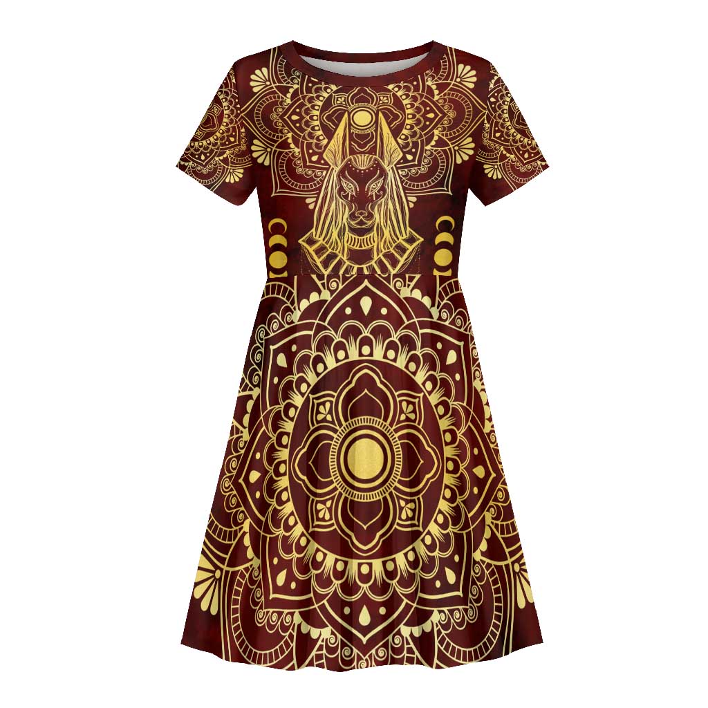 Personalized Anubis Kid Short Sleeve Dress Ancient Egyptian Pattern In Red