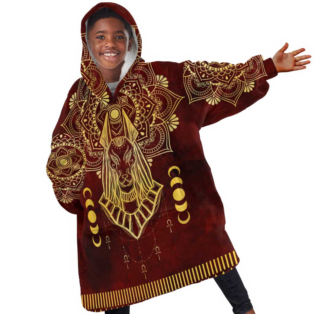 Personalized Anubis KId Wearable Blanket Hoodie Ancient Egyptian Pattern In Red