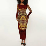 Personalized Anubis Long Sleeve Bodycon Dress Ancient Egyptian Pattern In Red DT02