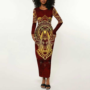 Personalized Anubis Long Sleeve Bodycon Dress Ancient Egyptian Pattern In Red