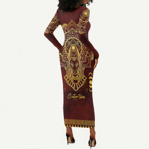 Personalized Anubis Long Sleeve Bodycon Dress Ancient Egyptian Pattern In Red